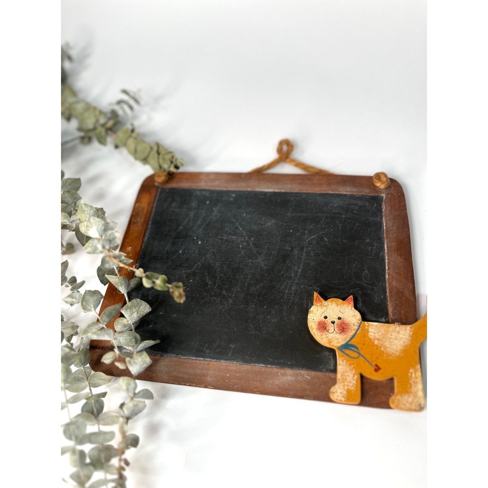 Vtg Antique Slate Black Small Chalkboard Kitty Car Wood Frame Farmhouse